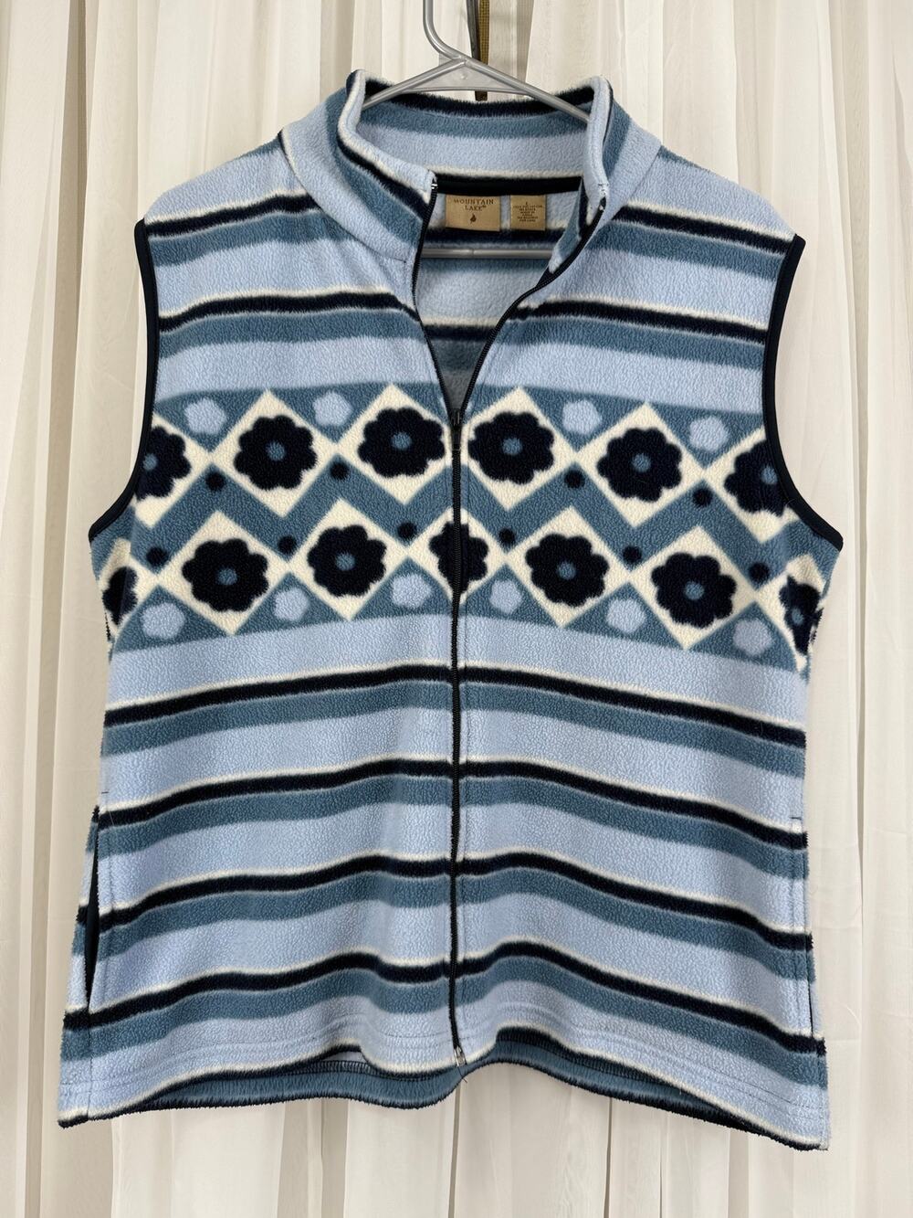 Mountain Lake Women’s Fleece Vest Blue Geometric Full Zip Pockets Size L
